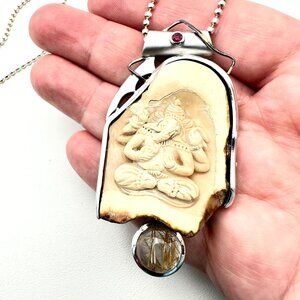 Vintage Artisan 18K Gold Sterling Silver Carved Pendant Quartz Ruby Gemstones